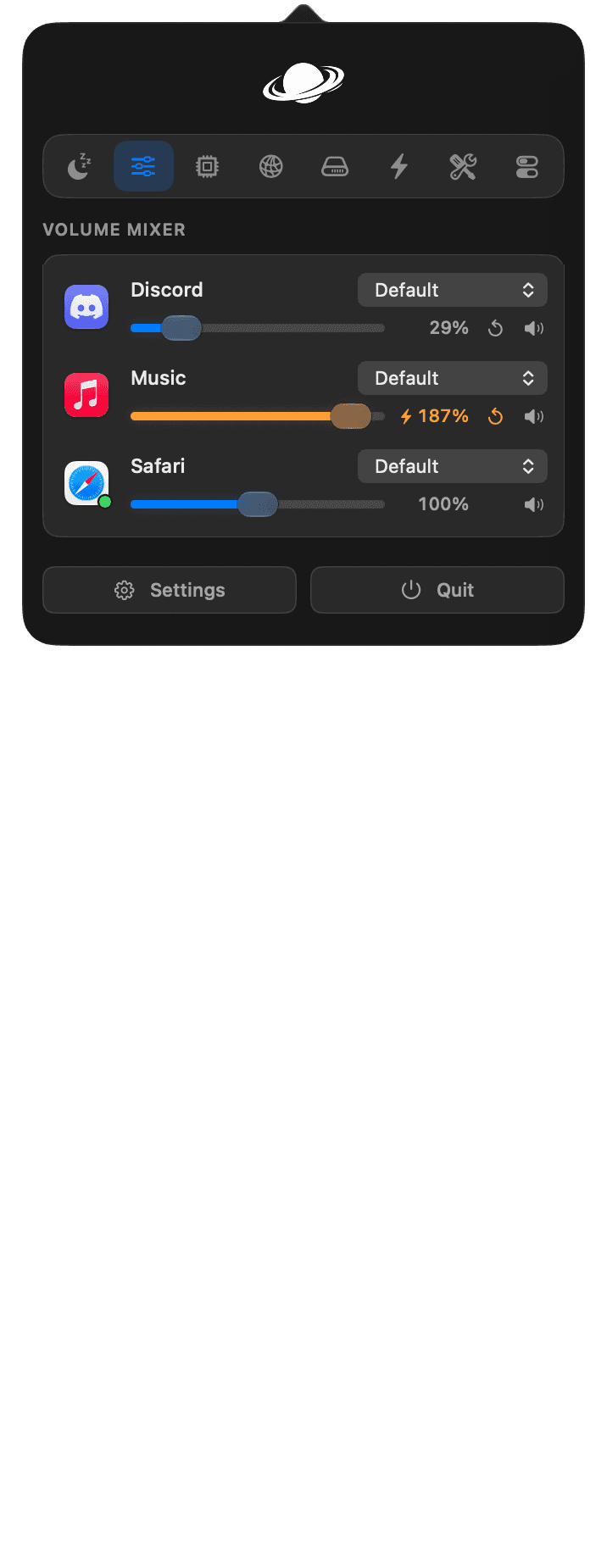Official Vorssaint screenshot showing the per-application volume mixer with individual sliders for Discord, Music, and Safari.