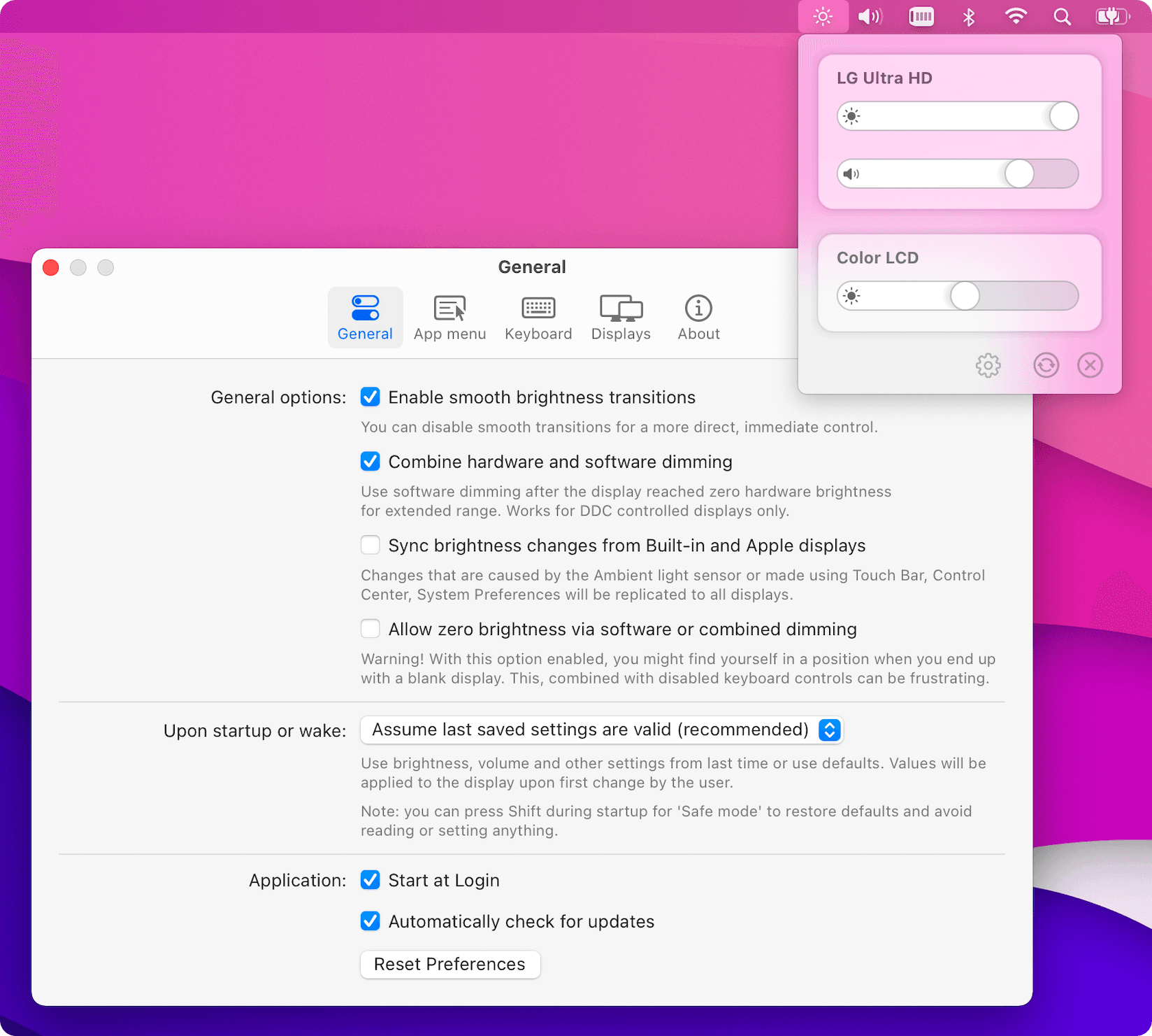 Official MonitorControl screenshot displaying display brightness and volume sliders beside the general settings window.