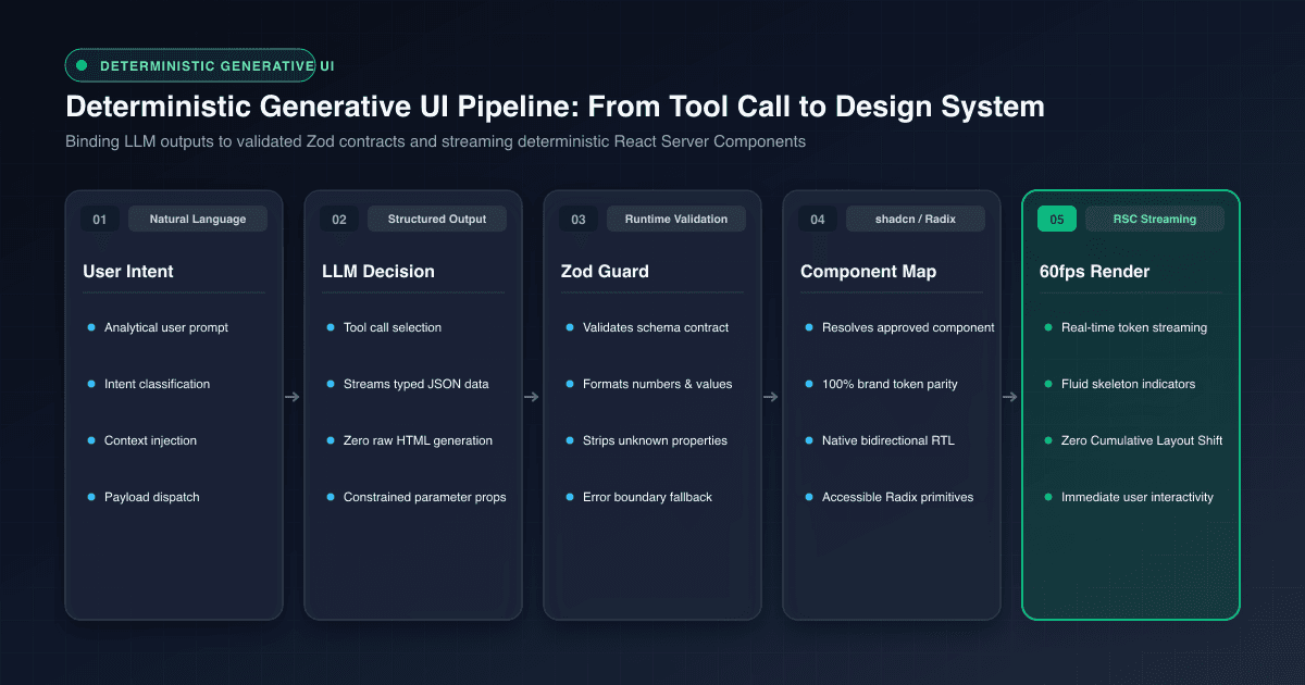 Deterministic Generative UI Pipeline: User Intent to Zod Schemas and Design System Components
