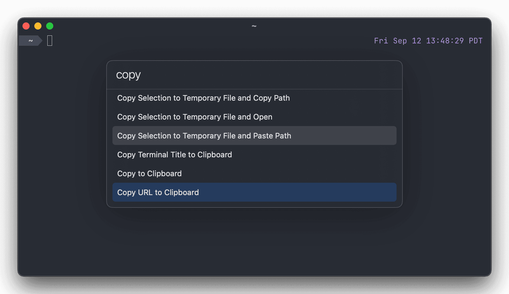 Official Ghostty release screenshot on macOS showing the command palette with copy actions over an active terminal window.