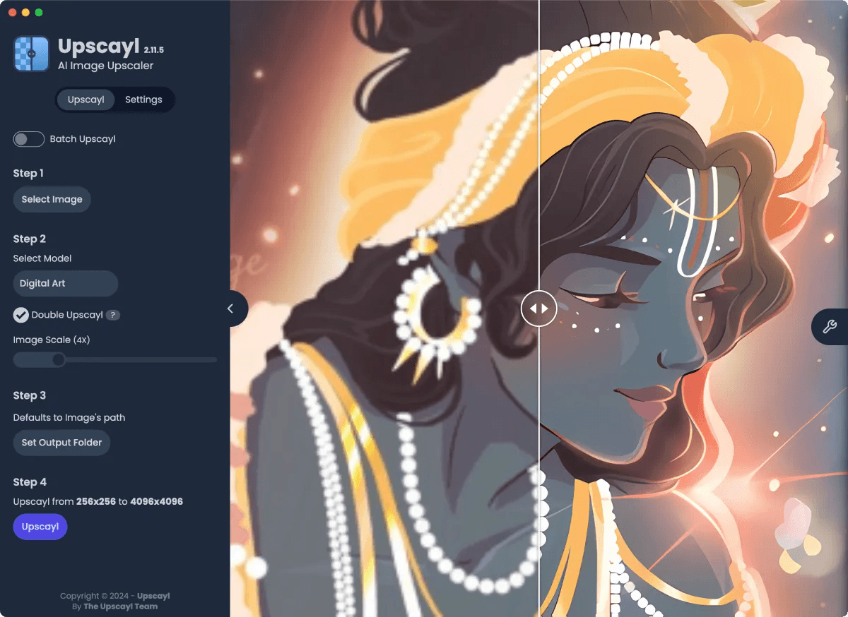 Official desktop screenshot of Upscayl showing control settings and the split-screen image comparison slider.