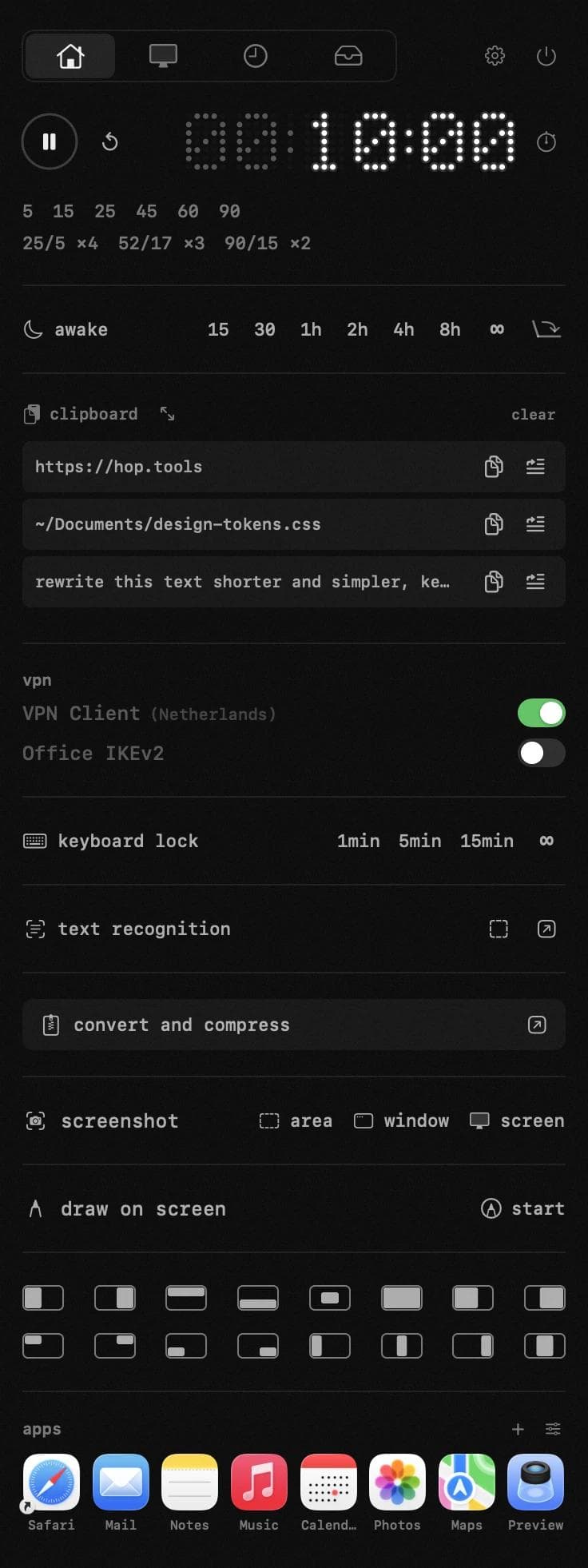 Official Hop menu bar screenshot showing the countdown timer, keep-awake controls, and clipboard history panel.
