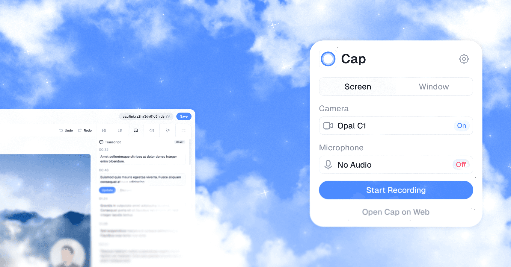 Official preview of the Cap interface showing desktop recording controls alongside the web editing interface.